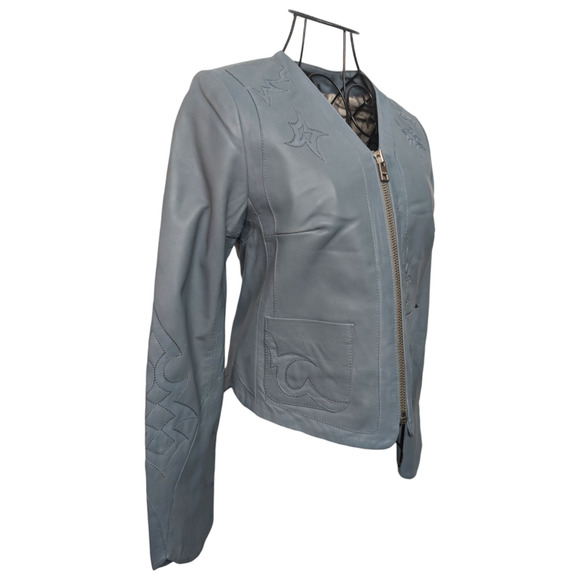 Zadig & Voltaire Vencia Patch Cloud Blue Lamb Leather Western Cropped Jacket XS - Picture 4 of 15